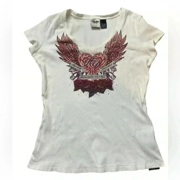 Harley-Davidson White Winged Rhinestone Graphic T-Shirt - Biker Style Sz Large - Picture 1 of 6